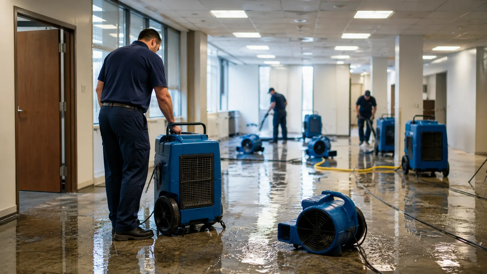 Water damage cleanup equipment in use