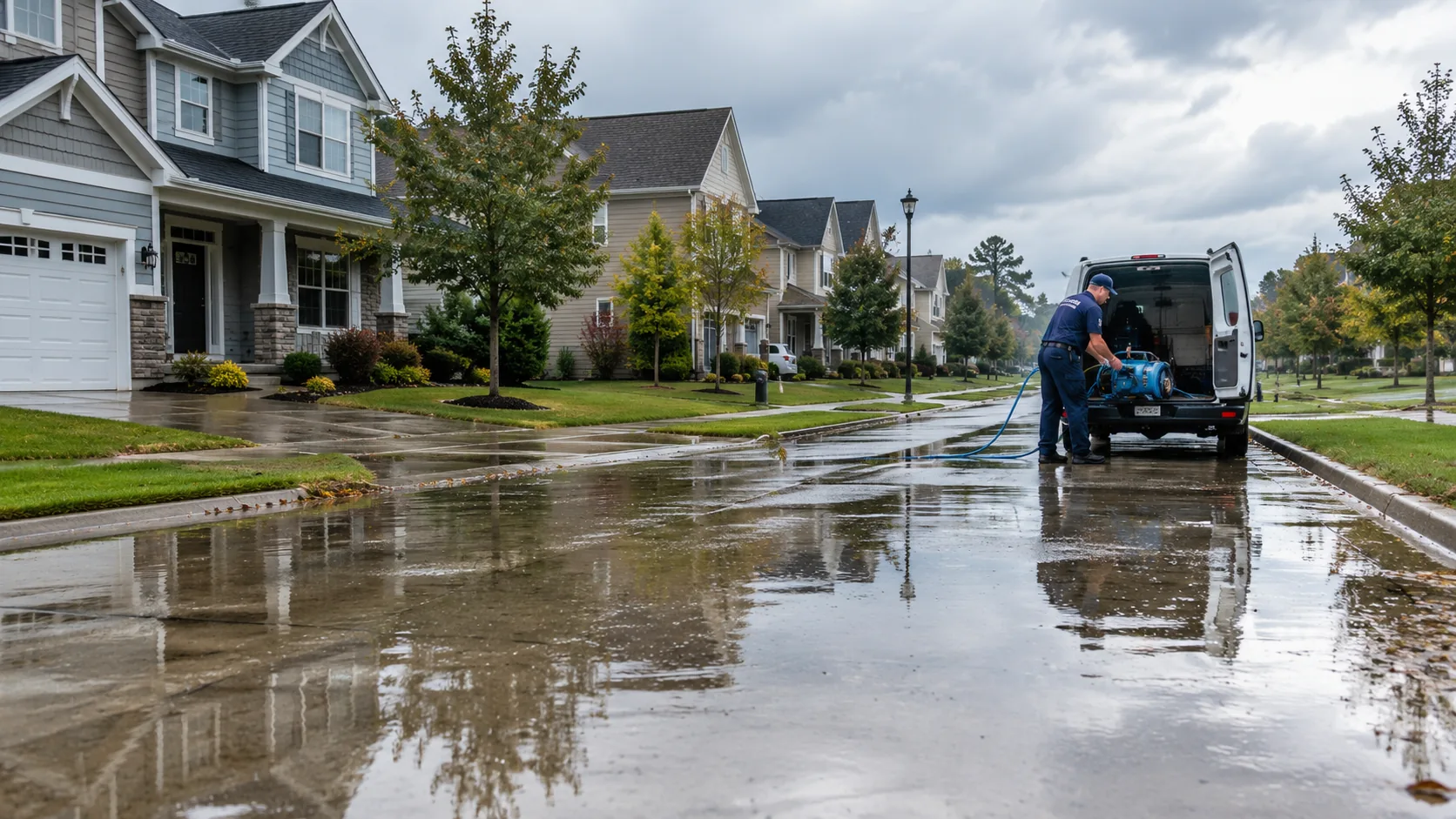 Residential neighborhood after heavy rain